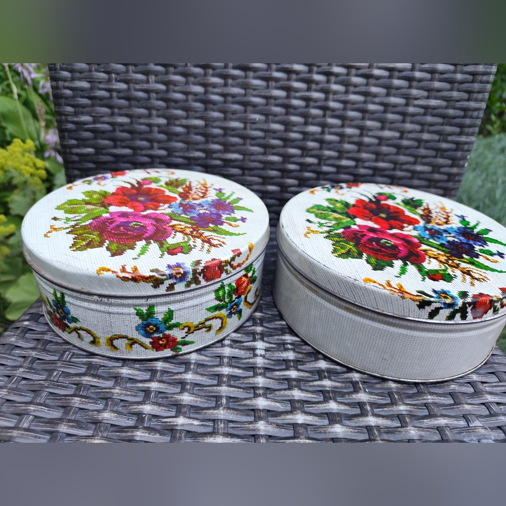 Vintage Sewing Tins Set of 2 Floral Needlepoint Round Storage Decorative Box